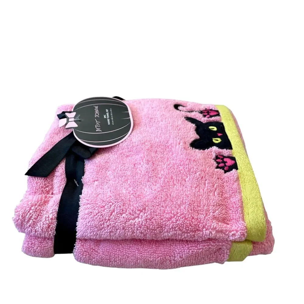 Betsey Johnson Pink Halloween Cat Hand Towels 16x26 Cotton Embroidered Set of 2